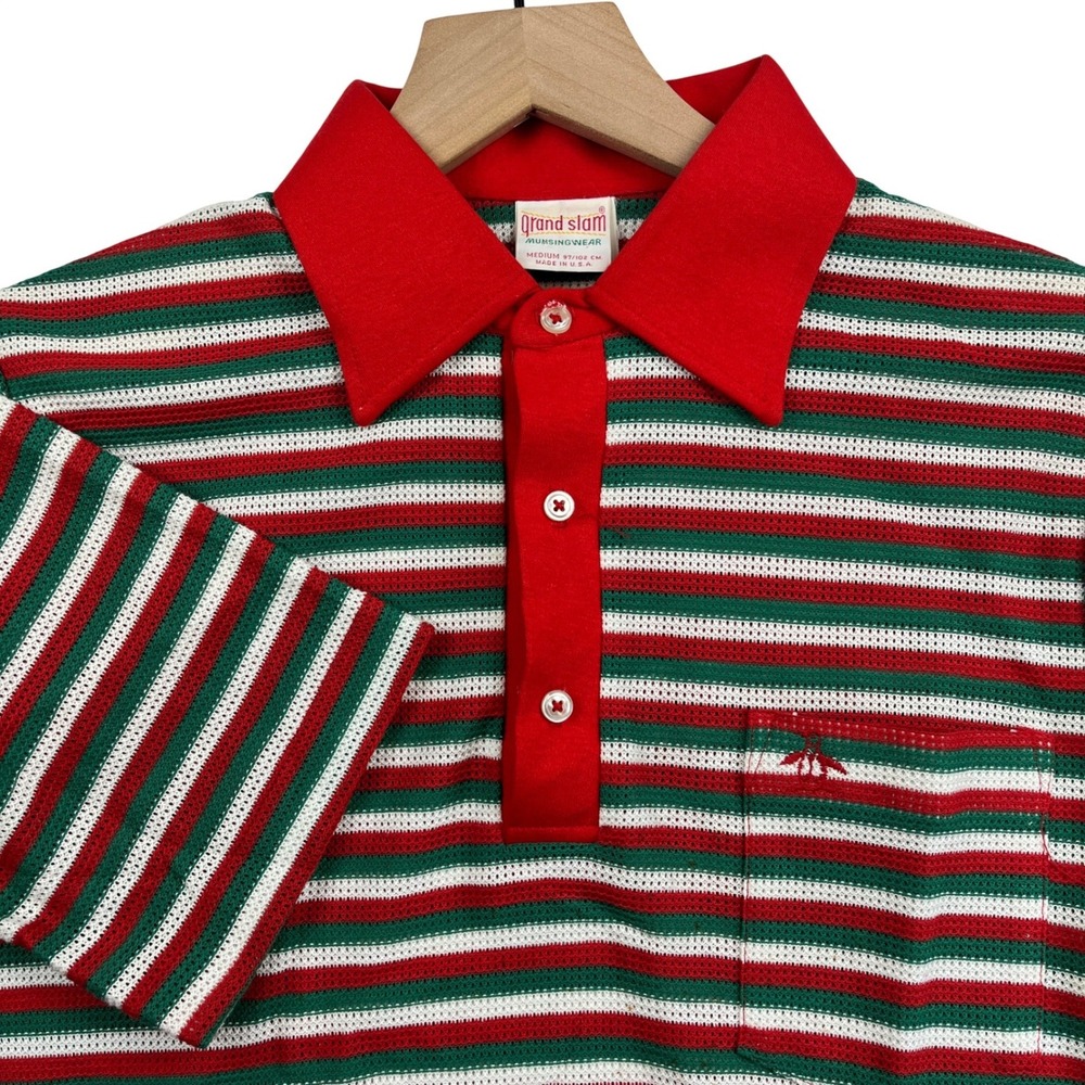 Grand Slam Munsingwear Vintage Striped Polo Shirt Red Green Mens Medium 70s 80s